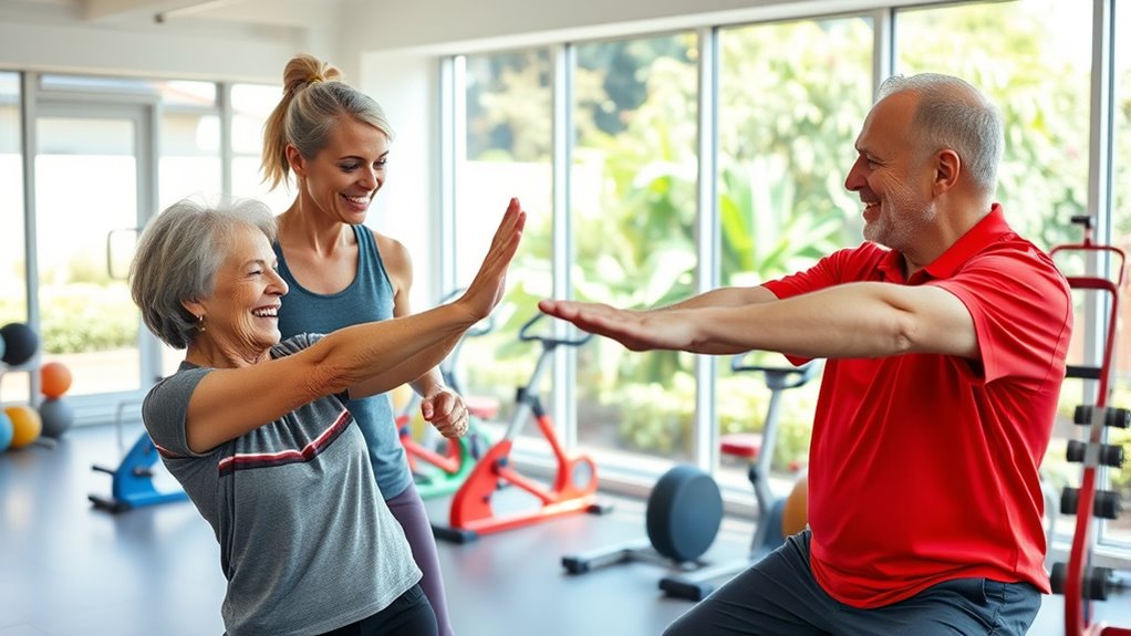 seniors embracing exercise together